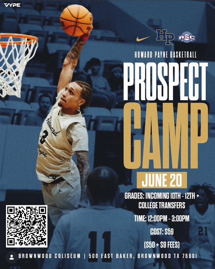 hputxmbsk's tweet photo. The Next Swarm 🐝 

Howard Payne Men’s Basketball Prospect Camp registration is LIVE. Rising 10th-12th graders compete, get coached, and are seen by the HPU coaching staff! Register through the QR code, or head to the link in our Bio. Sting ‘Em! 

June 20th, 2026
12:00 PM-3:00 PM https://t.co/IbZQ7iO1rn