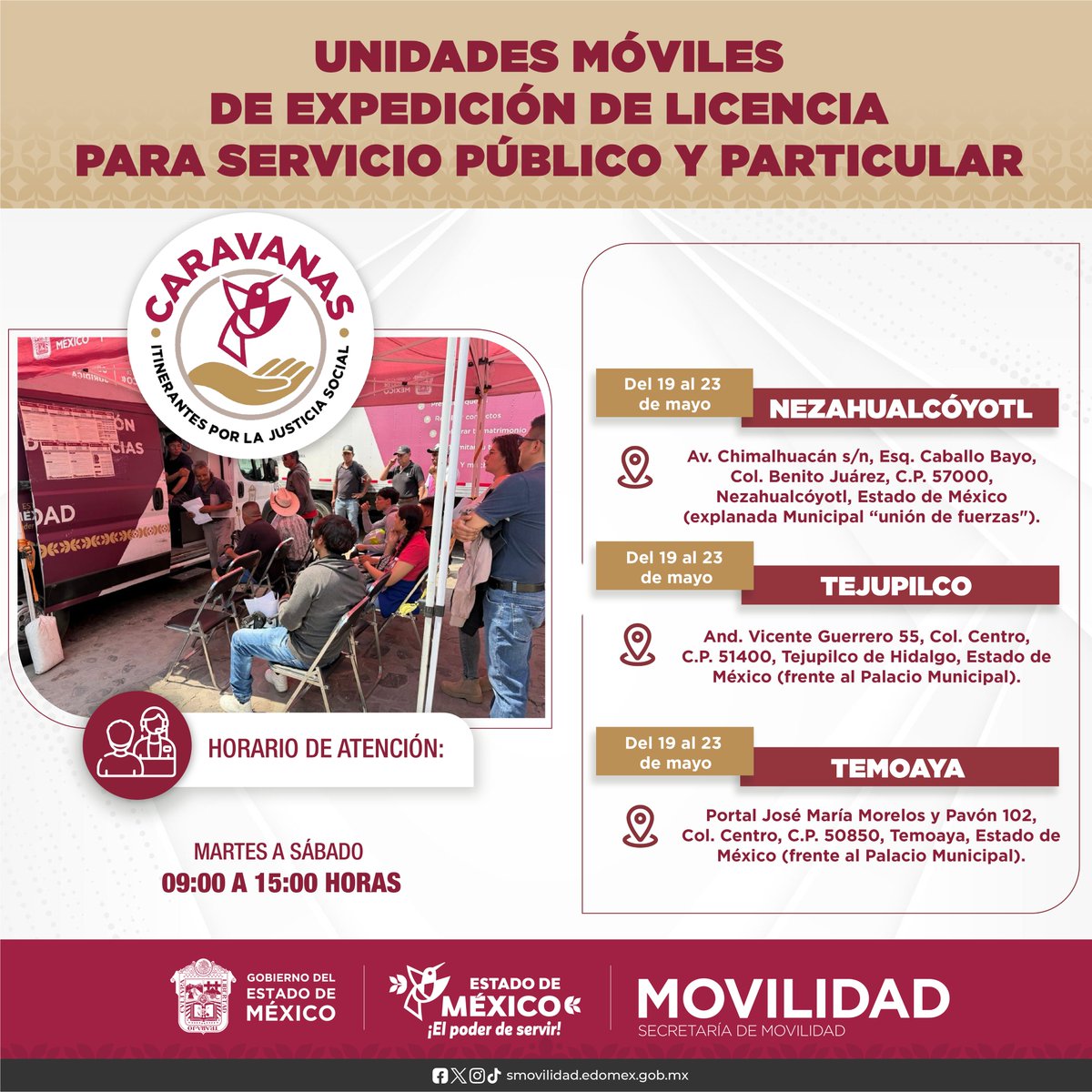 SEMOV_Edomex's tweet photo. ✅ Te informamos que las Caravanas Itinerantes por la Justicia Social estarán presentes en los siguientes municipios. Acércate y aprovecha los servicios que tenemos para ti. #ElPoderDeServir 

🔎 Consulta requisitos y costos en el siguiente link:
💻 https://t.co/0PAl01sl8s https://t.co/DHZT9JOler