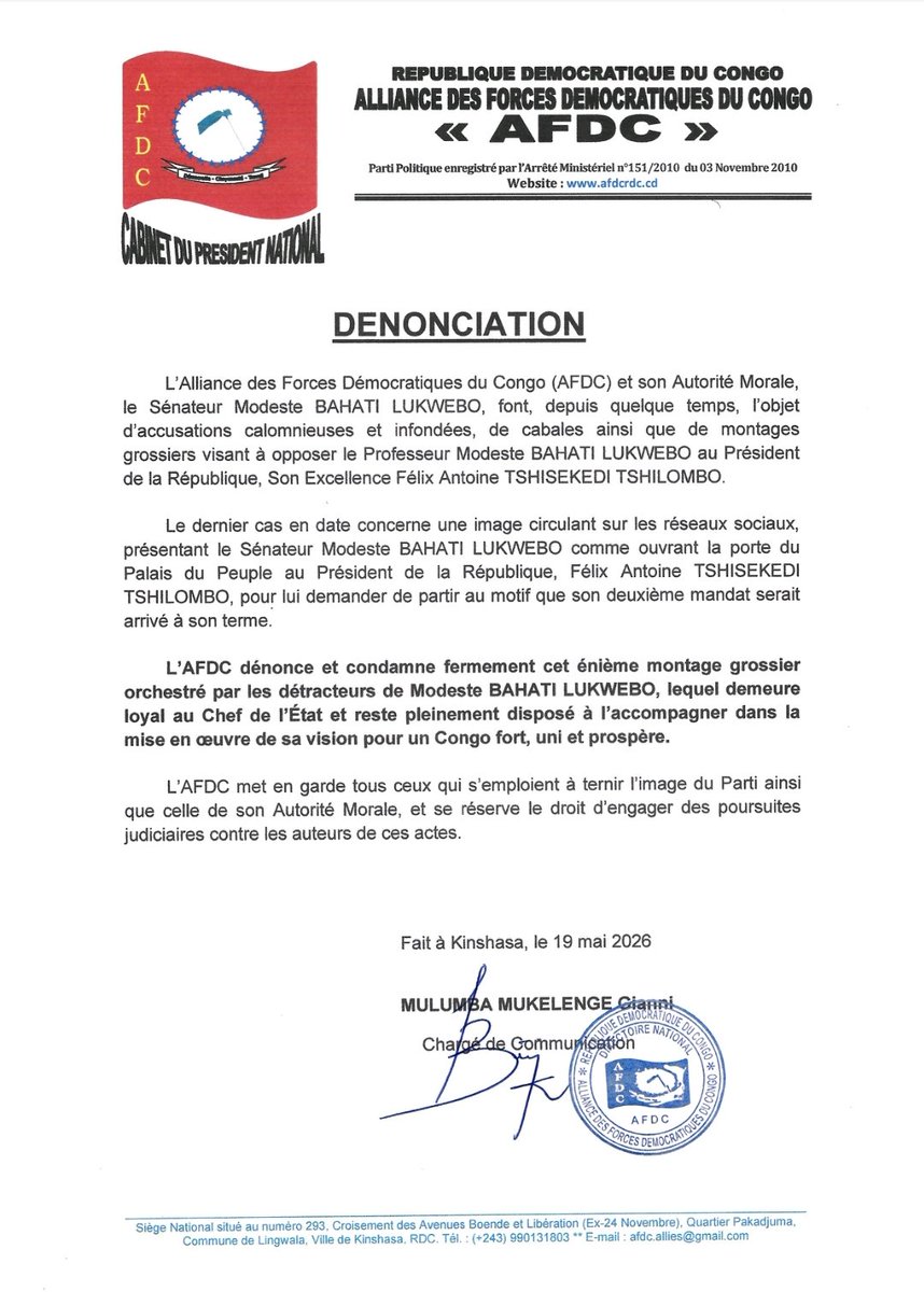 AfdcRDC's tweet photo. 🛑 DÉNONCIATION : 

L'AFDC dénonce et condamne fermement cet énième montage grossier orchestré par les détracteurs de Modeste BAHATI LUKWEBO.

@Presidence_RDC @PrimatureRDC @PLukwebo https://t.co/5YHmGwKPsL