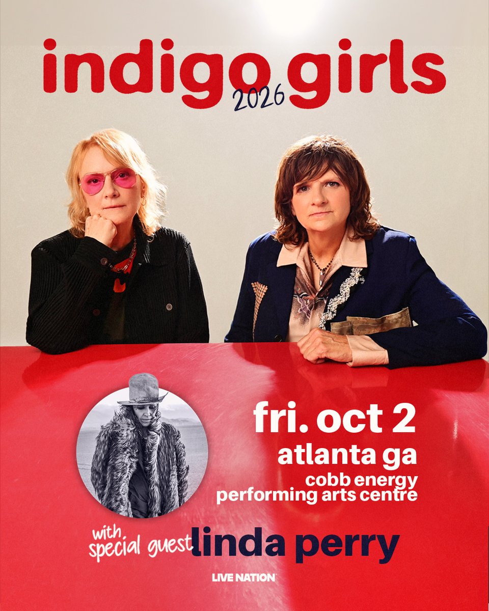 99x's tweet photo. 🌻 JUST ANNOUNCED 🌻 Indigo Girls with special guest Linda Perry on Friday, October 2nd at Cobb Energy Performing Arts Centre. Tickets on-sale this Friday at 10am! https://t.co/pM36XThAT0