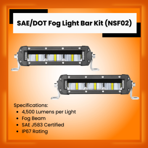 LEDriven's tweet photo. Upgrade your fog lights with our SAE/DOT Fog Light Bar Kit! Includes 2 x 6" fog light bars, dual mounting brackets (side and rear), and a full wiring kit with dual integrated Deutsch plugs for an easy installation. Kit is available in a white beam (NSF01) or yellow beam (NSF02Y). https://t.co/RK80sLgMTq