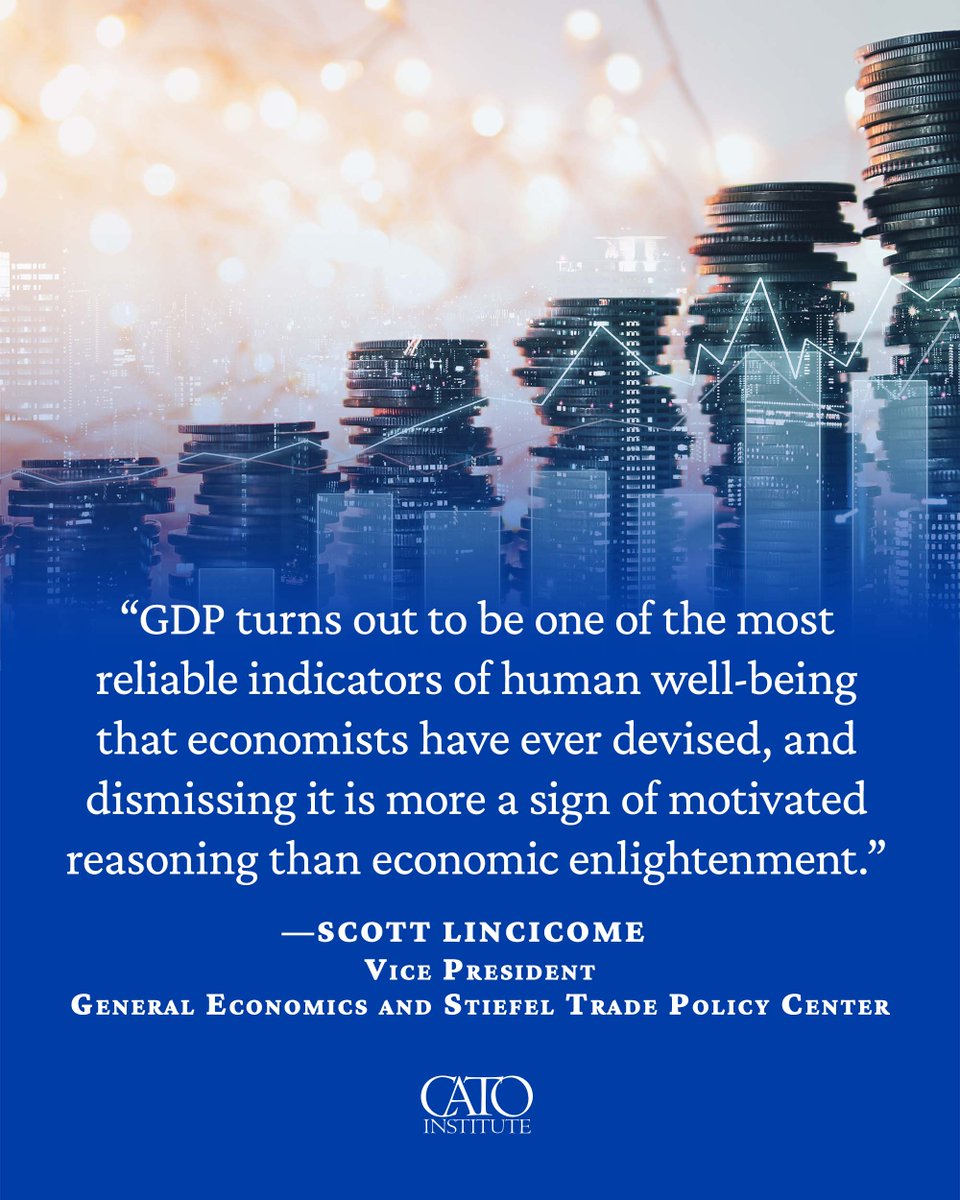 CatoInstitute's tweet photo. It’s fashionable for populists on the left and right to denounce GDP growth as mindless elitism. Yet the US and other countries enjoy longer lives, better health, less poverty, and more happiness because of growth – not despite it. If anything, in fact, GDP underestimates how much things have improved, says Cato’s @scottlincicome.

https://t.co/gZssDfI0ln