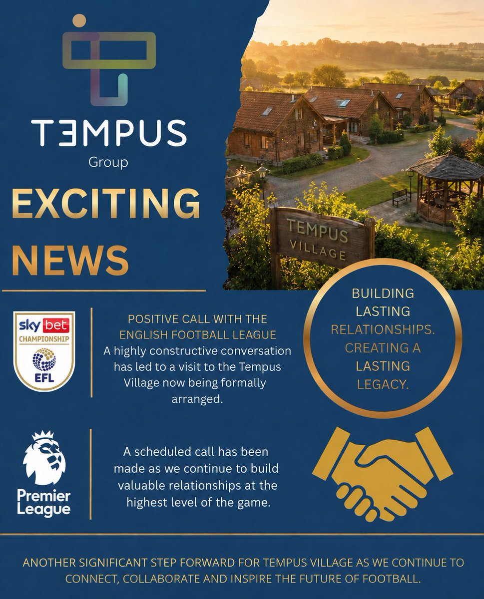 TheTempusGroup's tweet photo. Tempus Village is pleased to share continued positive momentum following a highly constructive conversation yesterday with a representative from the English Football League. As a direct result, a visit to the village has now been formally arranged. (1/2) https://t.co/rvUeYOXAo4