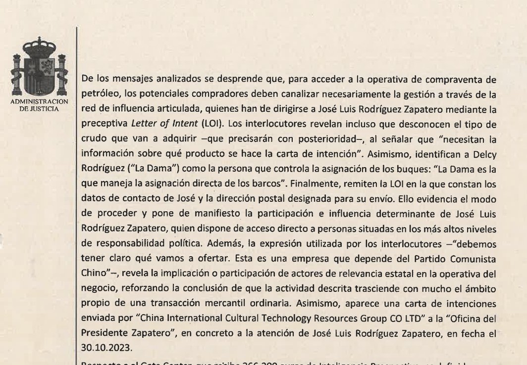 Naky's tweet photo. La resolución del juez José Luis Calama explica el rol de Zapatero en la compraventa de petróleo venezolano (páginas 42 y 43) https://t.co/jAlK40gPe5

En resumen, el comprador dirigía una carta a la oficina de Zapatero, quien aprobaba, y Delcy Rodríguez asignaba los barcos. https://t.co/cRIZScqnTC