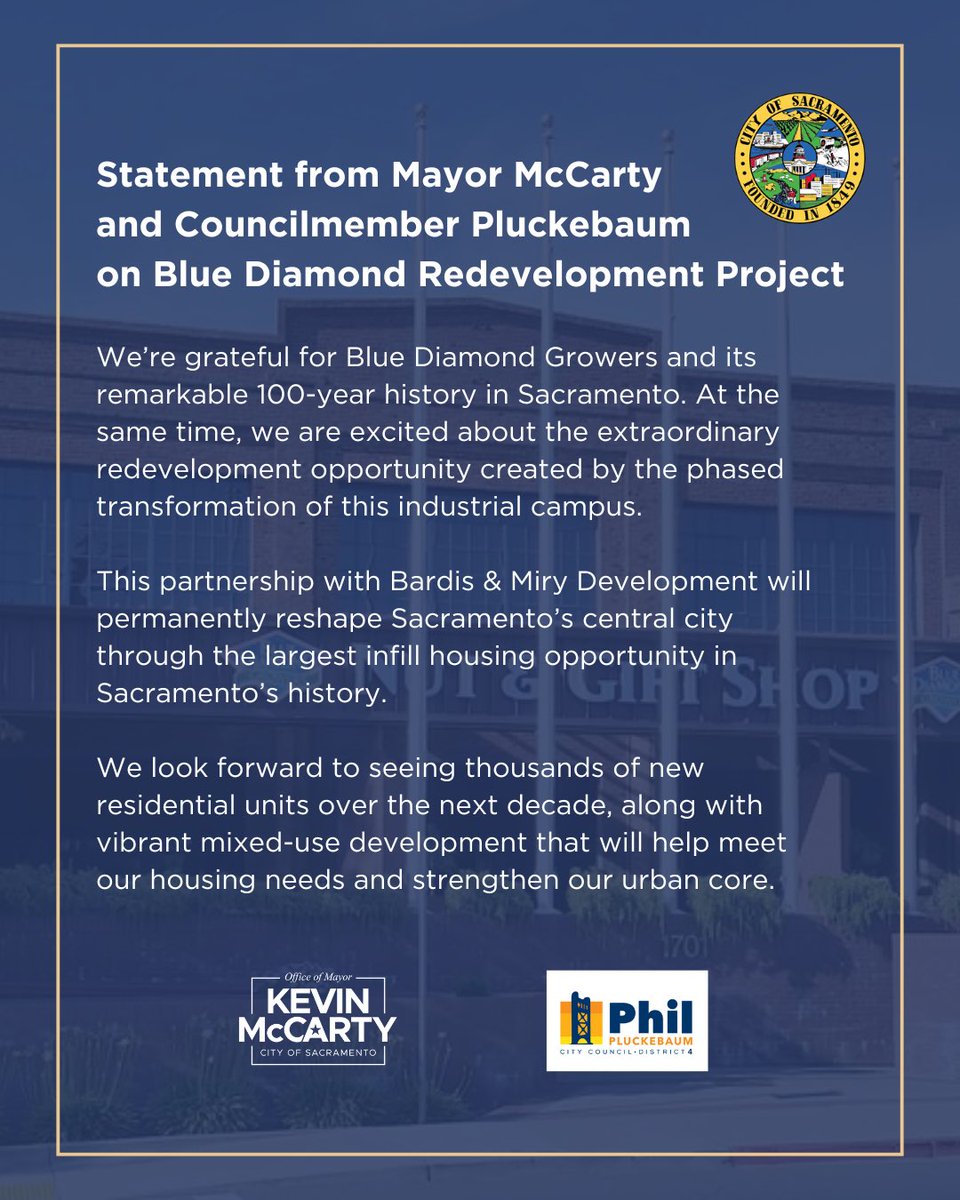 MayorMcCarty's tweet photo. Statement from Mayor McCarty and Councilmember Pluckebaum on Blue Diamond Redevelopment Project https://t.co/ym7HNOP3CQ