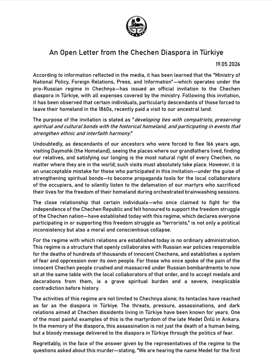 WaYNaKH's tweet photo. An Open Letter from the #Chechen #Diaspora in #Türkiye :History sometimes writes about people not by the words they speak, but by when and next to whom they stood. And no medal, no official invitation, and no propaganda image is enough to silence consciences in the face of truth. https://t.co/oTRKDaRYNf
