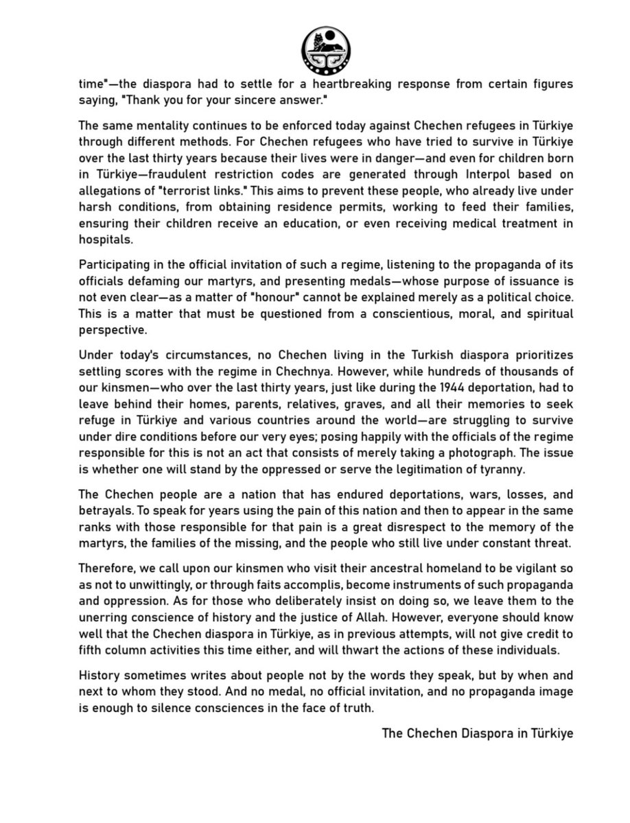 WaYNaKH's tweet photo. An Open Letter from the #Chechen #Diaspora in #Türkiye :History sometimes writes about people not by the words they speak, but by when and next to whom they stood. And no medal, no official invitation, and no propaganda image is enough to silence consciences in the face of truth. https://t.co/oTRKDaRYNf