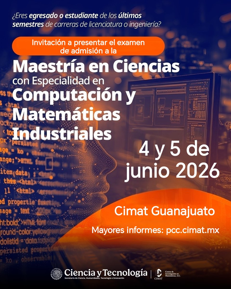 cimatoficial's tweet photo. Si te interesa continuar una carrera profesional en Ciencias con Especialidad en Computación y Matemáticas Industriales, #Cimat te espera el 4 y 5 de junio para la presentación del examen de admisión de nuestro programa. 

Más información: https://t.co/rRHtRkr3Ca https://t.co/GD5RJ1rsgN