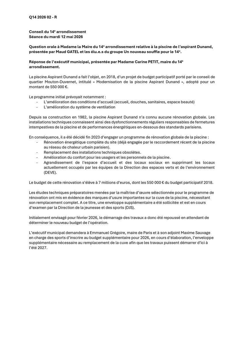 nmansier's tweet photo. Réponses aux questions posées par le groupe « un nouveau souffle pour le 14e » lors du dernier conseil d’arrondissement au sujet de l’avenue Jean Moulin et au sujet de la piscine de l’aspirant Dunand ⬇️ https://t.co/SefIwhYU1s