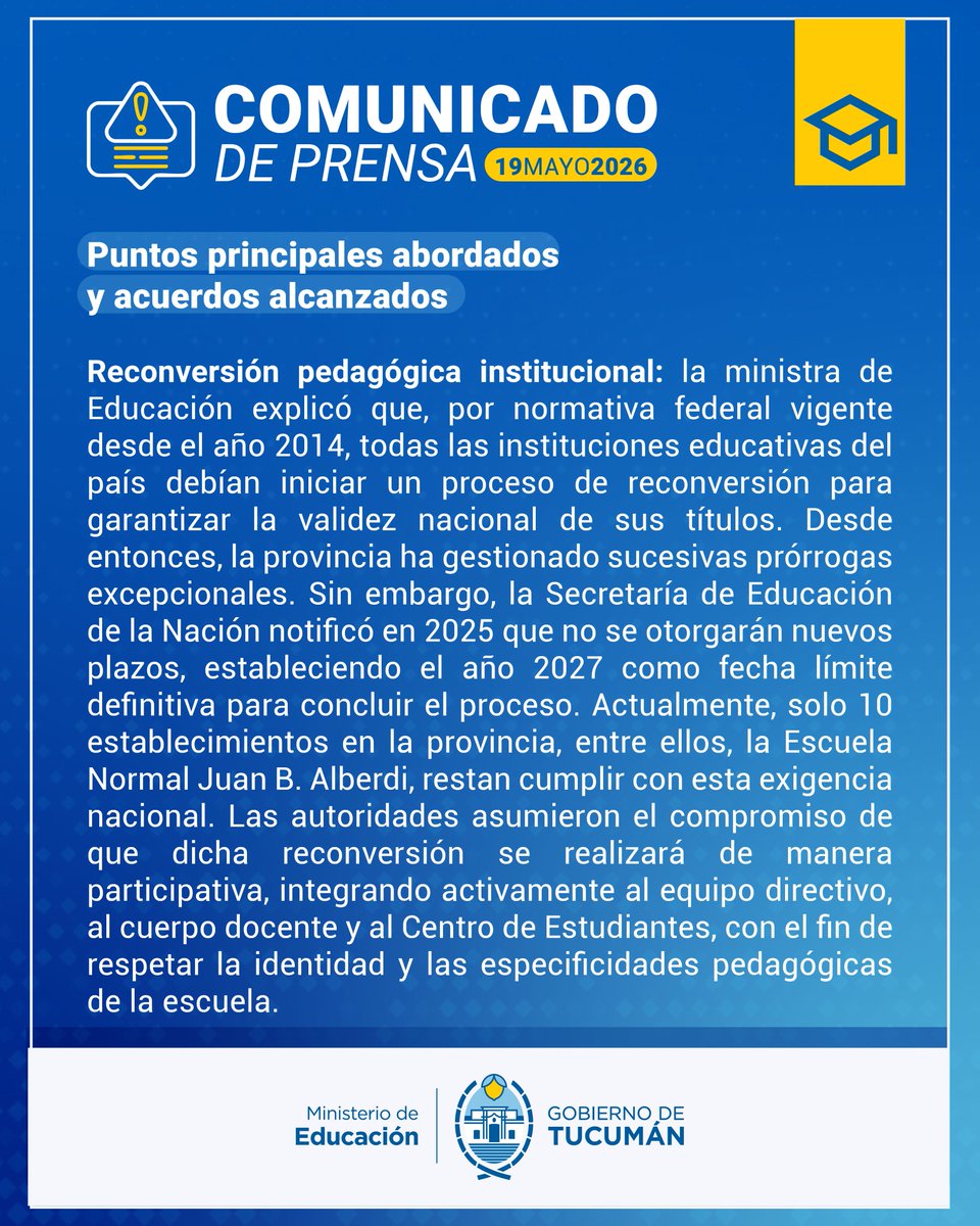 educaciontuc's tweet photo. 📢 COMUNICADO IMPORTANTE 📢

📝 Ante la situación de público conocimiento en la Escuela Normal Superior en Lenguas Vivas “Juan Bautista Alberdi”, el Ministerio de Educación de la Provincia informa las medidas a considerar.

https://t.co/PFP8qGlwGO https://t.co/Si9eeNdx53
