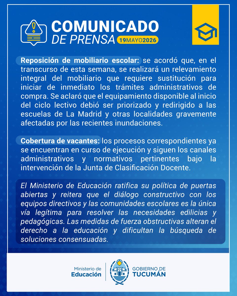 educaciontuc's tweet photo. 📢 COMUNICADO IMPORTANTE 📢

📝 Ante la situación de público conocimiento en la Escuela Normal Superior en Lenguas Vivas “Juan Bautista Alberdi”, el Ministerio de Educación de la Provincia informa las medidas a considerar.

https://t.co/PFP8qGlwGO https://t.co/Si9eeNdx53