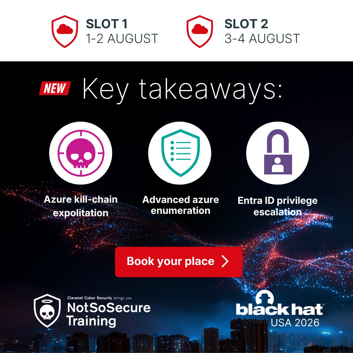 Claranet_Sec's tweet photo. New 2-day Azure cloud exploitation training at @BlackHatEvents USA 2026 — built for professionals who want hands-on offensive tradecraft, not theory. ⏳
Know more - https://t.co/bit9XYeRqJ

#BHUSA #BlackHatUSA2026 https://t.co/8zTwQSPGVy
