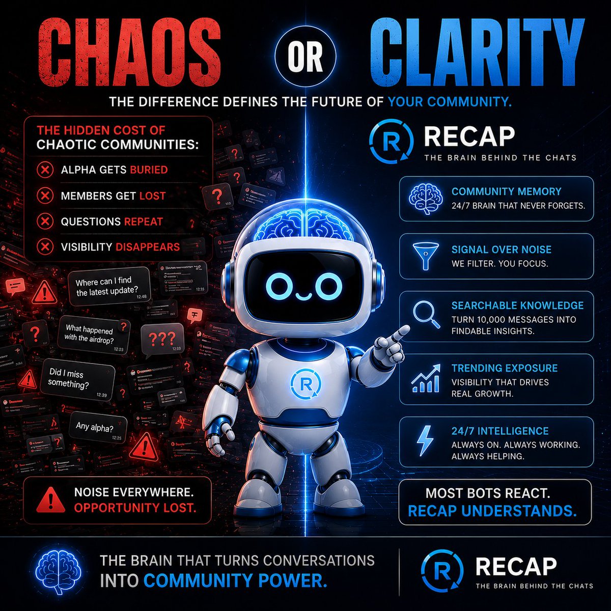 RecapThisBot's tweet photo. The hidden cost of chaotic communities:

❌ Alpha gets buried
❌ Members get lost
❌ Questions repeat
❌ Visibility disappears

$RECAP fixes the problem.

🧠 Community memory
📈 Signal over noise
🌎 Trending exposure
⚡ 24/7 intelligence

Most bots react. $RECAP understands.

Add @RecapThisBot now!

CA:
DF4zASfiDBr3uuAz4s2Sxtsjo7tDFZiQ2nLeKJGfBAGS

Join us on TG:
https://t.co/RCEeNs34iW
https://t.co/EbHF4rY0k2