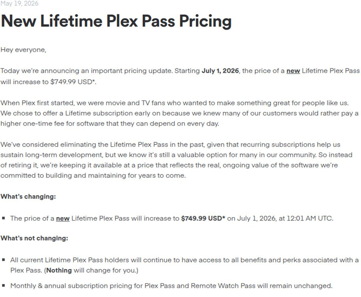 vensirestudios's tweet photo. #Plex has seriously lost it's mind... Going from $249.99 to $749.99... I'm so glad I swapped to #Jellyfin years ago...
https://t.co/4Lsek4qLFz https://t.co/pRfPAeBsMW