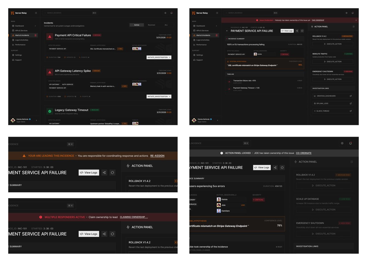 Oladega_'s tweet photo. Triage & Ownership flow for the DevOps Incident Management & Response Portal.

This flow focuses on how incidents move from detection to active coordination. It shows how ownership is assigned, how responders join ongoing incidents, and how the system keeps everyone aware of who is leading the response at any given moment.

The goal was to make responsibility and coordination clear during critical incidents so teams can collaborate without confusion.