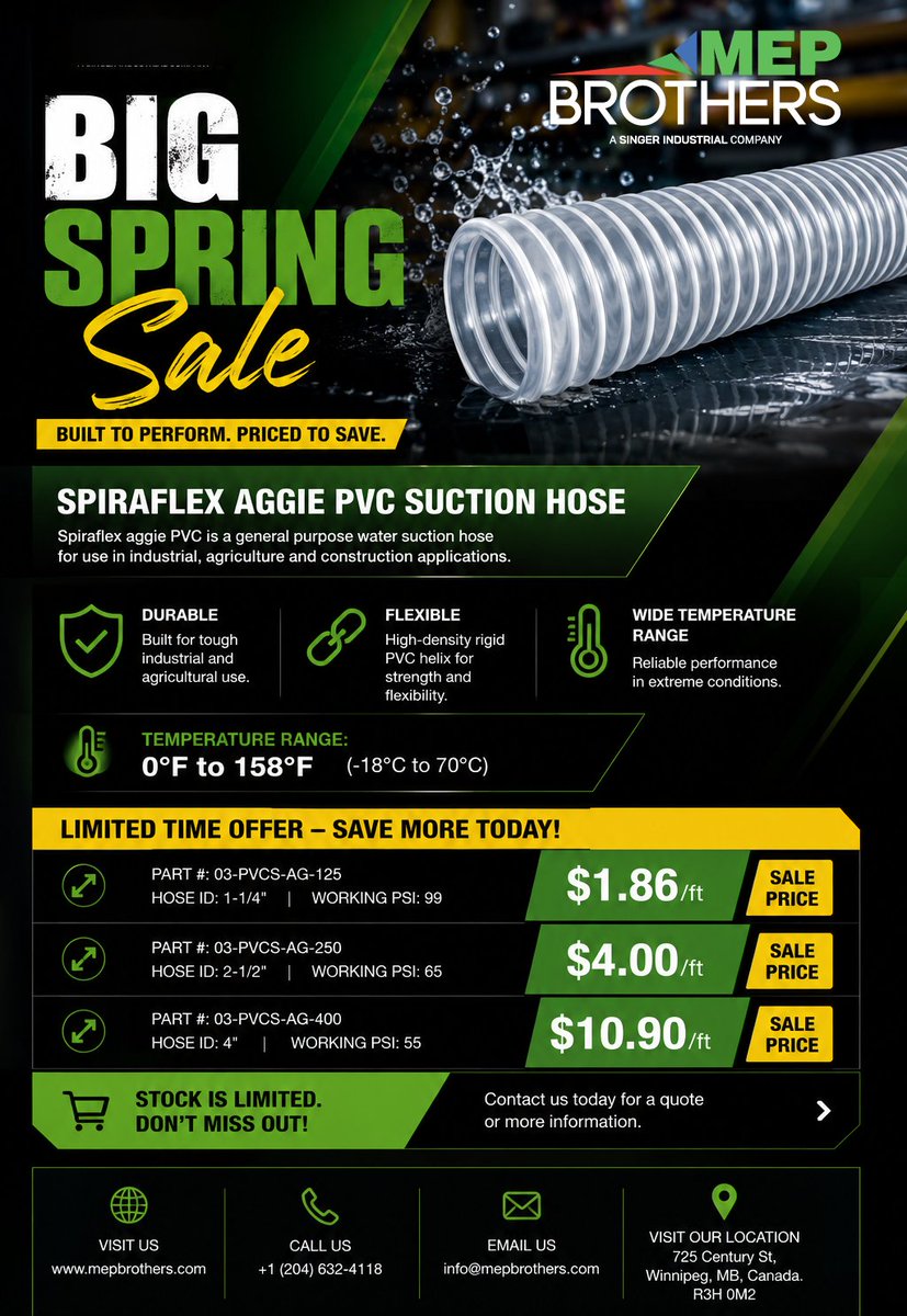 mepbrothers's tweet photo. 🚨BIG SPRING SALE🚨
Spiraflex Aggie PVC Suction Hose now available at limited-time pricing.💪
✅ Durable
✅ Flexible
✅ Built for industrial &amp; agricultural use
💰 Starting at $1.86/ft
👉 https://t.co/Gl19pzJQqB
👉 info@mepbrothers.com#MEPBrothers #SpringSale #PVC #SuctionHose https://t.co/bxLvU2vNjJ
