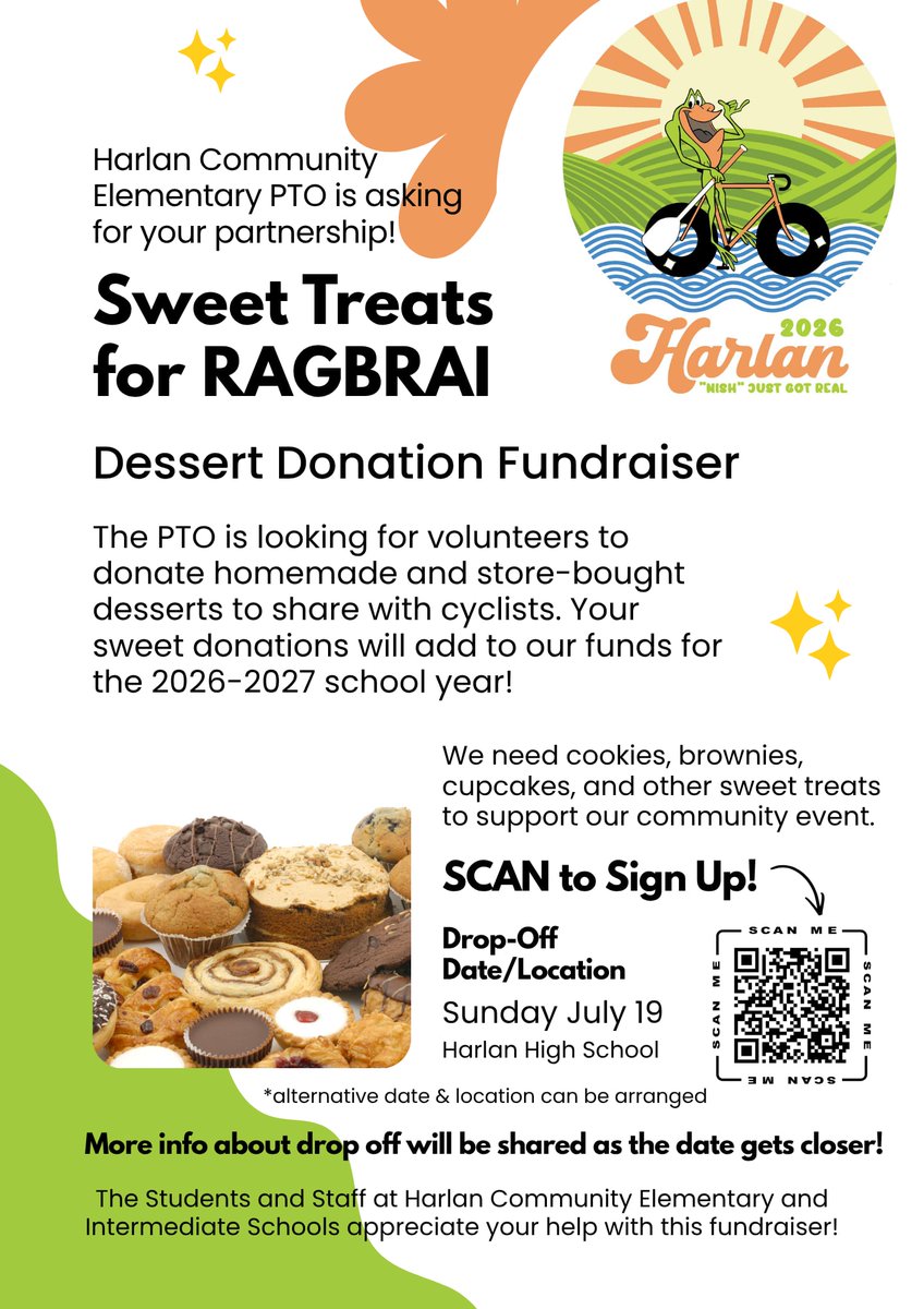 HCSDElem's tweet photo. Our elementary PTO is seeking dessert donations for their RAGBRAI Dessert Fundraiser.
Proceeds fund elementary field trips, special days &amp; lots more! 
Sign up here- https://t.co/K0JpkeAdT7 https://t.co/u35OIQ1Yuq