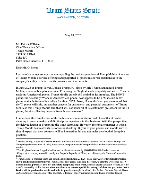 nancyscola's tweet photo. Telecom guy questions Pres. Trump's commitment to the biz.

Sen. @MarkWarner: "I understand the complexities of the mobile telecommunications market... However, the cavalier manner in which Trump Mobile has treated its customers is shocking." https://t.co/kAyFx99AtL