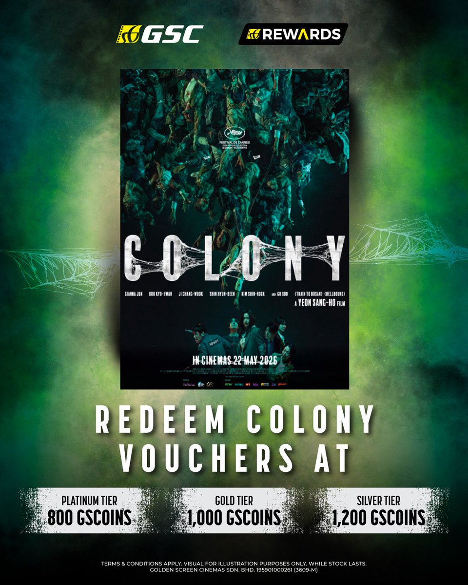 GSCinemas's tweet photo. Attention #GSCRewards members! 🎬✨
Redeem exclusive #COLONY 2D movie vouchers with your #GSCoins at special rates based on your GSC Rewards membership tier 👀🔥
Not a member yet? Join now for FREE and earn more #GSCoins to unlock exclusive rewards and movie perks 🍿💥 Hurry up and redeem yours now at the GSC Rewards Centre while stocks last! 🎟️
#군체