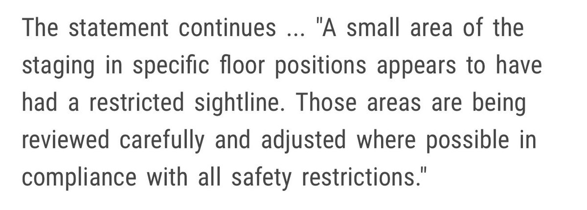 HS_News_2's tweet photo. βThe floor concept was designed to give fans freedom of mov & the ability to experience the show from different positions
A small area β¦ in specific floor positions appears to have had a restricted sightline
Those areas are being reviewed carefully & adjusted where possible" https://t.co/csld8Ct4gd