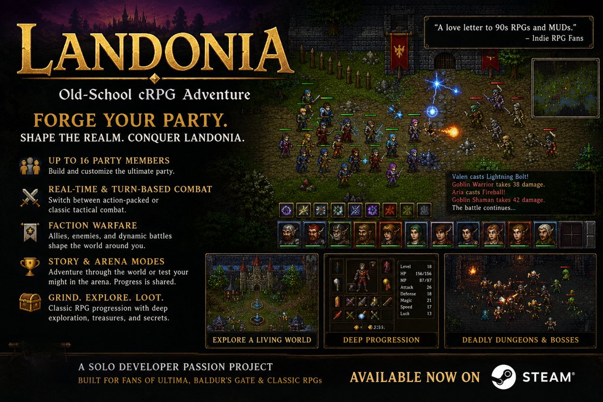 ArikunElias's tweet photo. Forge Your Party. Shape the Realm. Conquer Landonia
Here is an opportunity for you to grab the best game from "Landonia" An old-school cRPG inspired by the golden age of RPGs and MUDs
#Landoniagame #IndieGame #singlegame #steamgames #steamgamer
https://t.co/OOsa3aGt3P https://t.co/3HSKdQSSAu