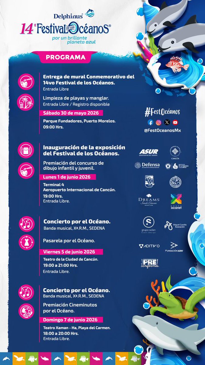 VivoEnCancun's tweet photo. 🌊 14° Festival de los Océanos del Caribe

Este es el programa oficial del 14° Festival de los Océanos del Caribe Mexicano

Acompáñanos del 30 de mayo al 7 de junio y disfruta de: Limpieza de playas y manglares, mural, conciertos, pasarela de modas, exposición del concurso de dibujo y premiación de los cineminutos.

📅 Sábado 30 de Mayo - Domingo 07 de Junio

❗ @FestOceanosMx