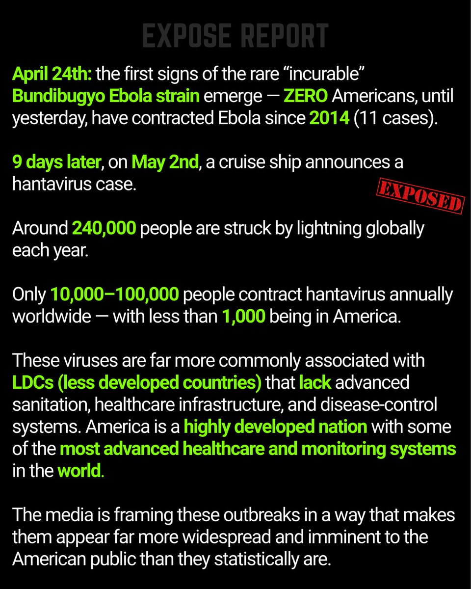 TheExposeReport's tweet photo. 🚨 BREAKING: An American doctor tests POSITIVE for “incurable” Ebola strain as deaths surpass 100. 

Extremely Rare Hantavirus &amp; Ebola outbreaks back to back — coincidence… or planned? https://t.co/KqLnHMvf9q