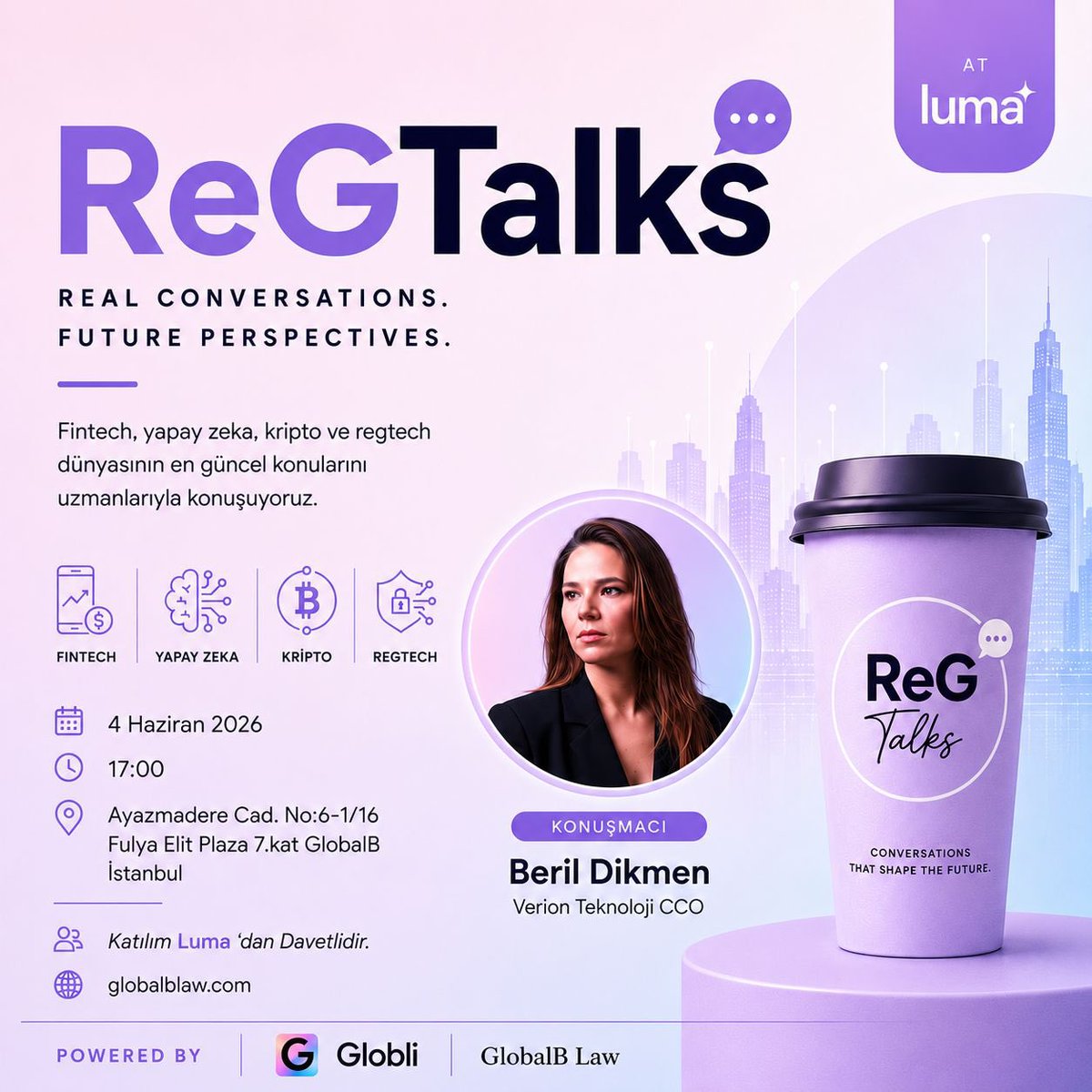 globalblaw's tweet photo. ☕️ ReGTalks is launching.

In collaboration with GlobalB Law &amp; Globli, we’re bringing together professionals, founders and innovators to discuss fintech, AI, crypto &amp; regtech.

Beril Dikmen — CCO at Verion Teknoloji  Registration via Luma

🔗 https://t.co/1MdcnUbY36

#ReGTalks https://t.co/JuqPYAE1BS