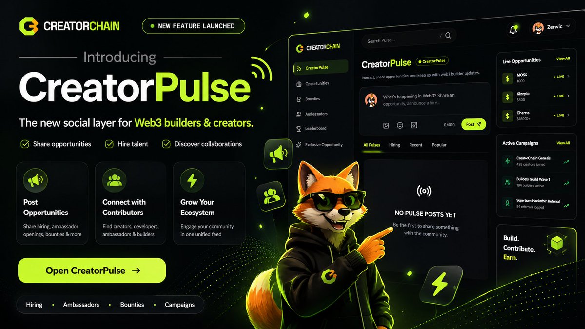 zenvic00's tweet photo. Creatorpulse is live 

Introducing CreatorPulse ⚡

CreatorPulse is the new social layer inside @Creatorschain

A place where builders, creators, projects, and communities can post opportunities, connect with contributors, and grow together.

Examples:
• “Looking for 2 ambassadors”
• “Need a video editor for our campaign”
• “Hiring community mods”
• “New bounty is live”
• “Looking for creators to test our product”

Instead of searching across dozens of platforms, everything happens in one community powered feed

Post.
Discover
Connect
Build

Built for Web3 creators & contributors. 🚀