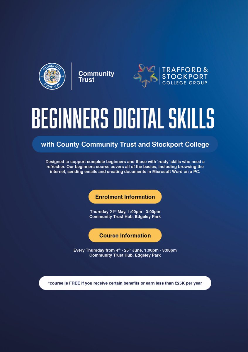 SCFCCommunity's tweet photo. We are launching a new digital skills course for beginners! 💻💙

Email M.Hallsworth@StockportCounty.com to learn more. https://t.co/KUTgFU8ivP
