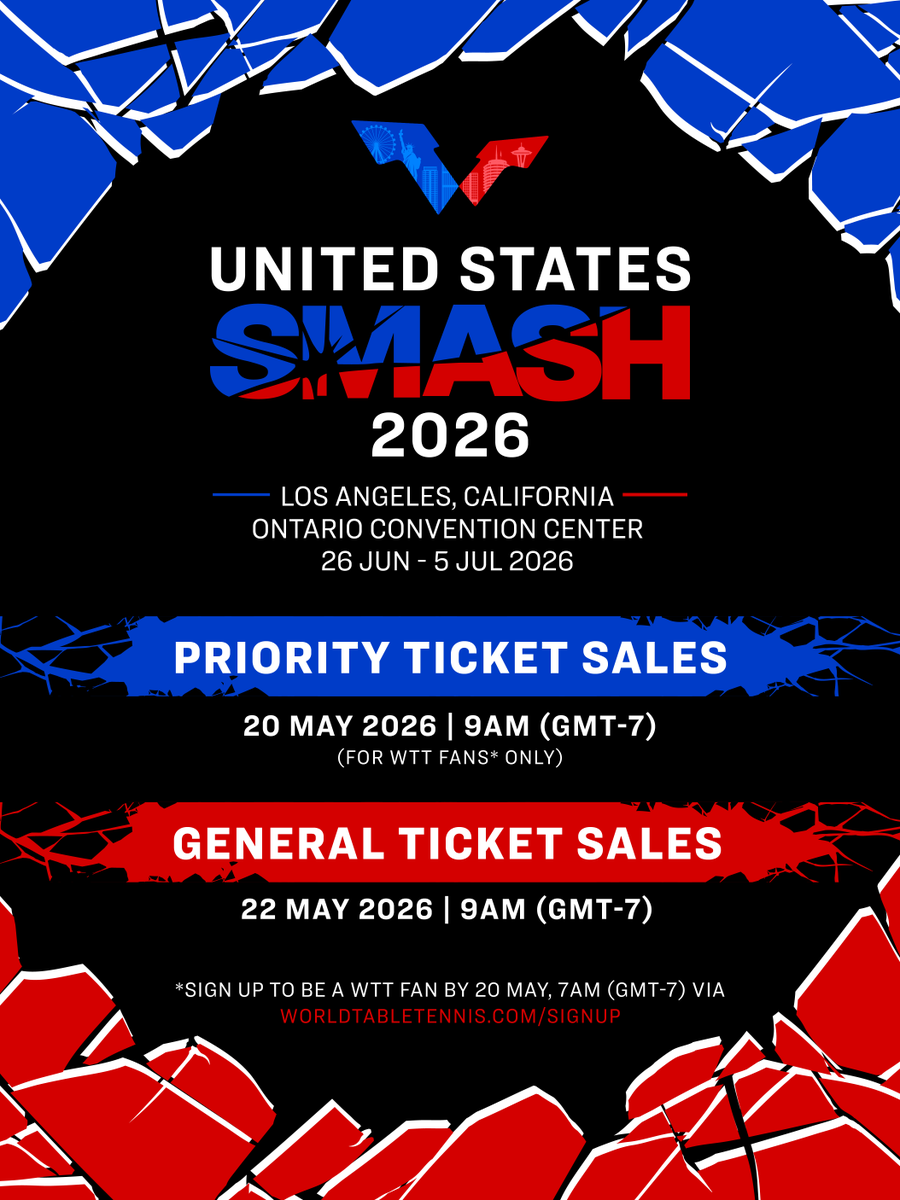 VisitGOCAL's tweet photo. The world’s best are heading to SoCal! 🇺🇸🏓 The US Smash 2026 hits the Ontario Convention Center June 26 - July 5.

Priority tickets go on sale TOMORROW at 9 AM! Sign up to be a WTT Fan by 7 AM tomorrow to get exclusive early access. https://t.co/JMqIrF8YDF! 🔗 https://t.co/zAIdFl1p3Q