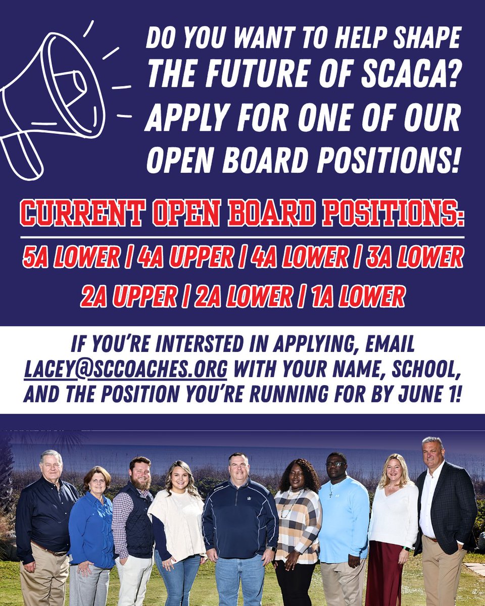 CarolinaCoaches's tweet photo. We want YOU to get involved! 👏 SCACA is currently accepting candidates for several open positions.

📧 Email lacey@sccoaches.org with your name, school, and position of interest by June 1.

5+ years of membership is required. Elections will take place at Coaches Academy. https://t.co/P42wKtRvQG