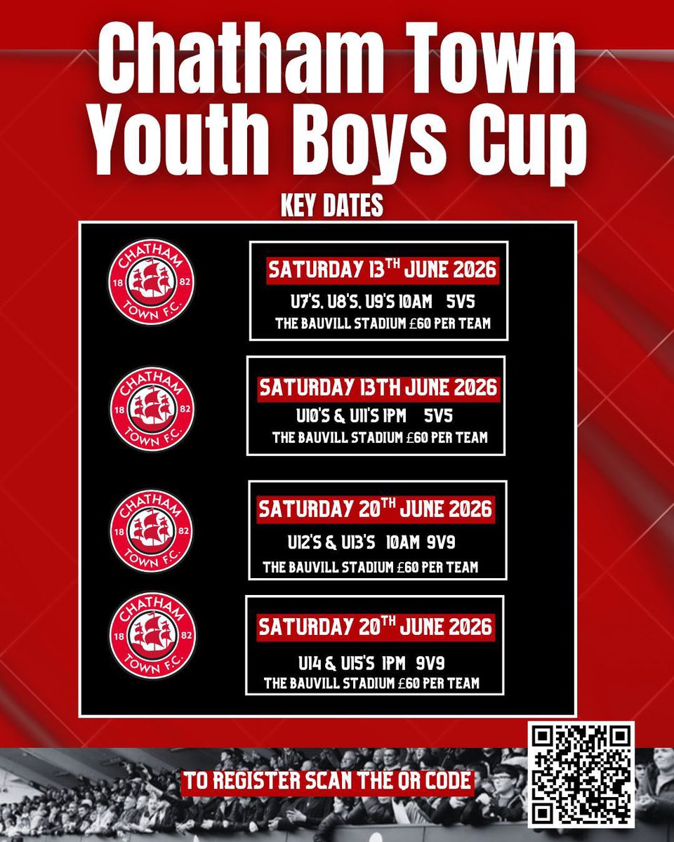 ChatsCommunity's tweet photo. ⚽️ Boys &amp; Girls Youth Cup 2026

🔥 9v9 
🏟 Hosted at the Bauvill Stadium
💷 Just £60 per team

Get your team involved for a brilliant day of football, competition and atmosphere!

👇 Secure your spot:
https://t.co/UYNagSip9B

⏳ Limited spaces remaining!!!

#UpTheChats 🔴⚪️⚫️ https://t.co/60q5No9OQG