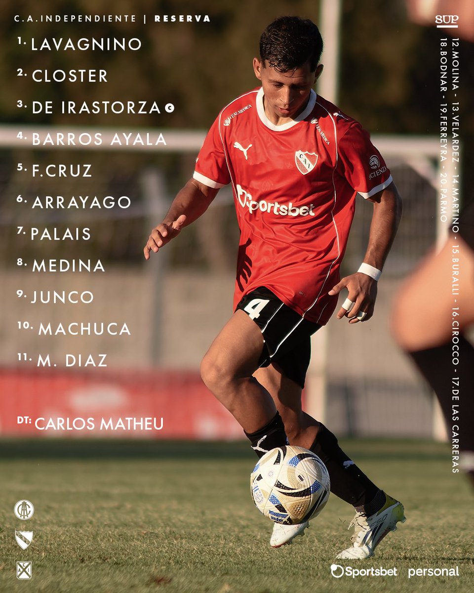 Independiente's tweet photo. ⏱️ ¡Así forma la #Reserva de #Independiente que desde las 15 recibe a Estudiantes de Río Cuarto por la fecha 14!

Miralo en vivo ➡️ https://t.co/9mrto087co 

#TorneoProyección #TodoRojo 🔴 https://t.co/p7oJjizFtz