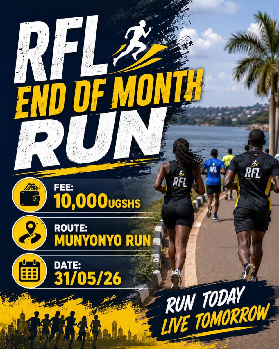 Run_for_life24's tweet photo. Month end we RUN 😮‍💨🔥

RFL End of Month Run is here! 🏃🏾‍♂️🏃🏾‍♀️
This time we take on the Munyonyo route with energy, discipline and good vibes only 💪🏾

📍 Route: Munyonyo Run
📅 Date: 31/05/26
💰 Fee: 10,000 UGX
Come run, connect, challenge yourself and finish the month strong 🔥 https://t.co/z2cJJwTHKF