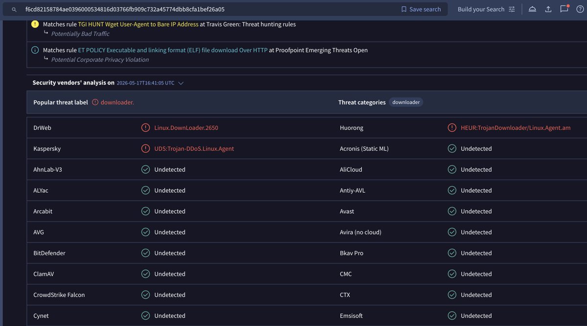 CatoCTRL's tweet photo. 📷 Cato CTRL threat alert: our MDR team has detected new Mirai Variant called Apex3.
IOCs
IPs:
46[.]37[.]123[.]247
45[.]202[.]247[.]123
64[.]7[.]199[.]151
81[.]29[.]156[.]127
Hashes:
9f32f650ce899ab47ff13c159d4f9dda460d78a7d3960ee7e338589863976d7c

f6cd82158784ae0396000534816d03766fb909c732a45774dbb8cfa1bef26a05

1c16a7c5cee404c37de39563e7dae215f0eba4a61d7beca2f100398f67cd0208

#Mirai #Botnet #DDoS