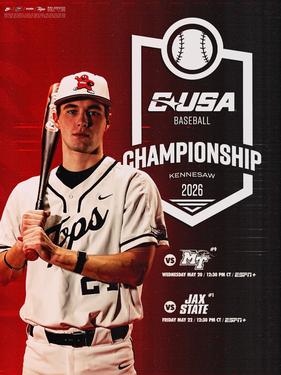 WKU_Baseball's tweet photo. Postseason play begins 🔜

WKU opens 2026 @ConferenceUSA Championship competition tomorrow ⤵️

📲: https://t.co/RqZ3hhllys https://t.co/K47LAhWvDD
