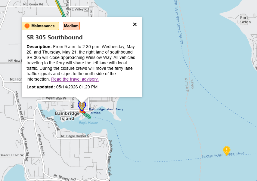 wsdot_tacoma's tweet photo. Traveling to the Bainbridge Island Ferry this week?
Plan for single lane closures 9 a.m. to 2:30 p.m. on SB SR 305 approaching Winslow Way Wed., May 20, and Thurs., May 21. We're moving some traffic signals and signs for the ferry only lane. More info at https://t.co/HUGa1WTJfY https://t.co/MQcVvmysGp