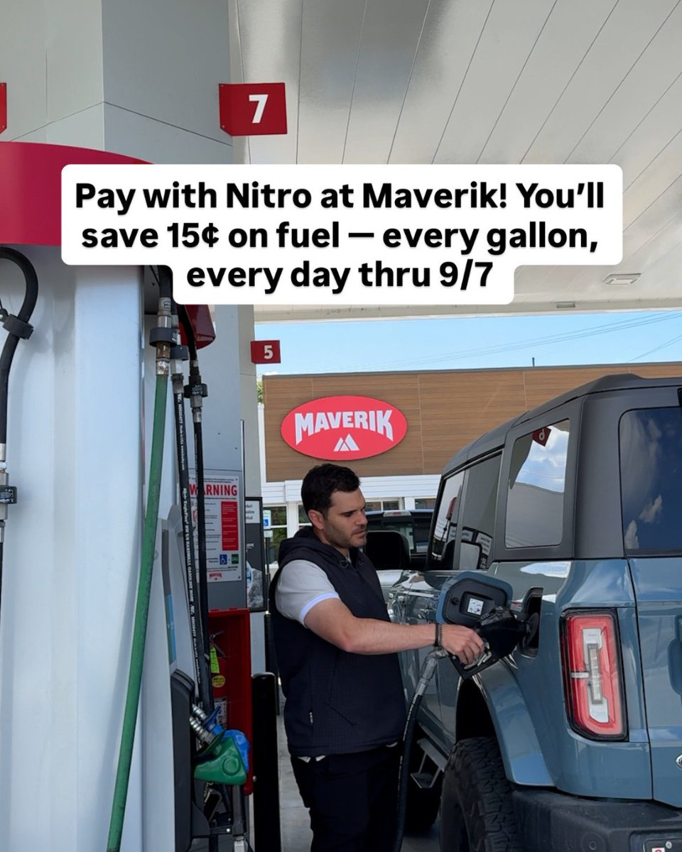 Maverik's tweet photo. Save on fuel during Maverik’s Summer of Nitro! Get 15¢ off every gallon when you pay with Nitro through 9/7! Join the Adventure Club and get started!