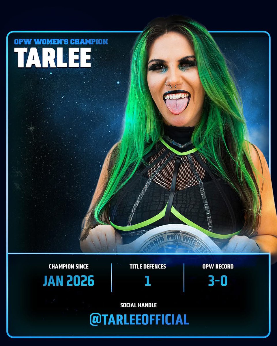 opwlive's tweet photo. OPW Women's Champion | TARLEE

World-travelled. Battle-tested. Undefeated in OPW

After ending Erika Reid’s historic 923-day reign, Tarlee has ushered in a new era.

The Tarlee Takeover has begun.

#Tarleetakeover https://t.co/yiGGhlqvcr