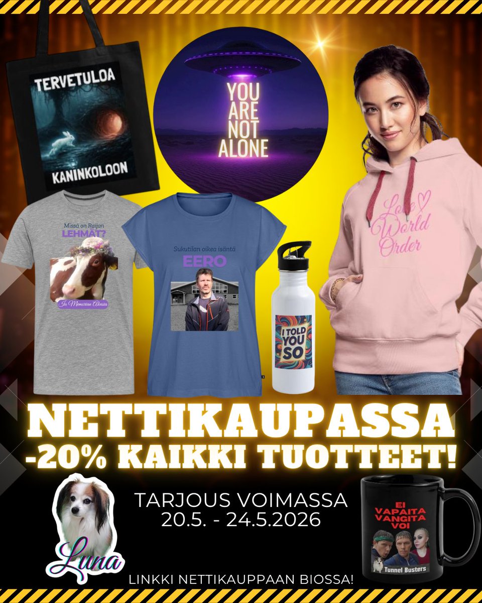 AnneArt333's tweet photo. 🚨 NETTIKAUPASSA ALE! 🚨
Nyt ehtii tehdä löytöjä 👀✨
Kaikki tuotteet -20 % alennuksessa vain rajoitetun ajan!
Tarjous voimassa 20.5.–24.5.2026
Jos olet miettinyt tilaamista, nyt on hyvä hetki kurkata valikoima 🛍️
#nettikauppa #ale #spreadshop #huppari #muki #youtubefi #suomi https://t.co/1Ct90ZgaeE