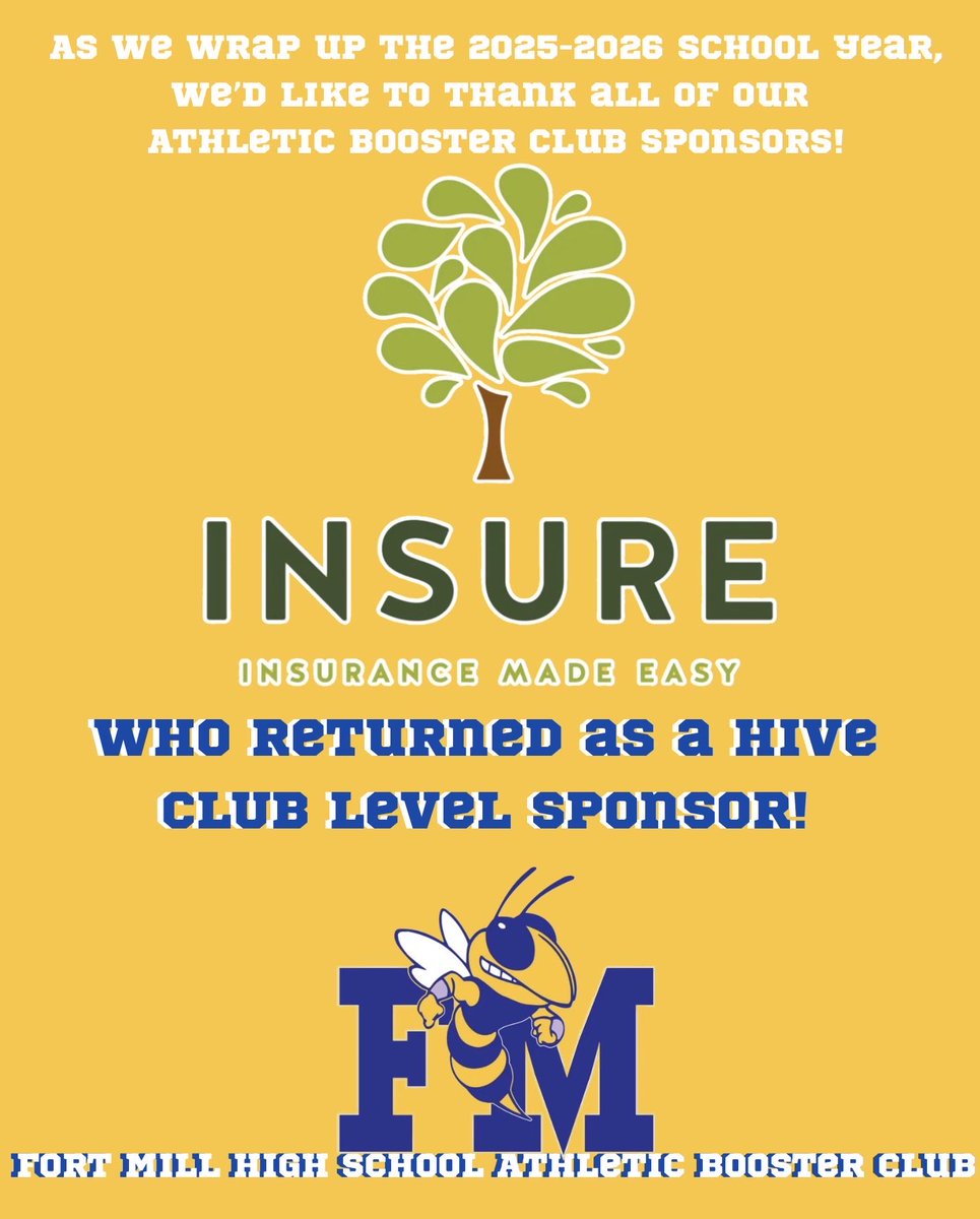 FortMillJackets's tweet photo. As we wrap up our 2025-2026 athletic school year with a few more state championships, we would like to go through and thank all our sponsors! 

A huge thank you to our sponsor, @insureins ,who returned as a Hive Club level sponsor! 

Thank You!

@fmyellowjacket 
@FMYellowJackets https://t.co/1bRWfPjM62