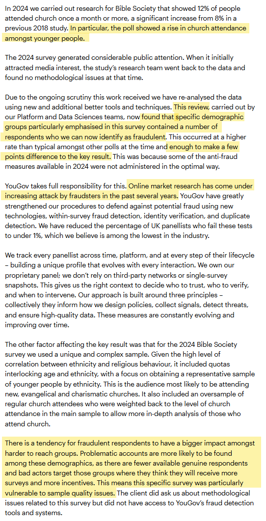 conradhackett's tweet photo. Below, I've highlighted where YouGov admitted that their Quiet Revival survey was biased by fraudulent respondents. https://t.co/KXnFobazqt