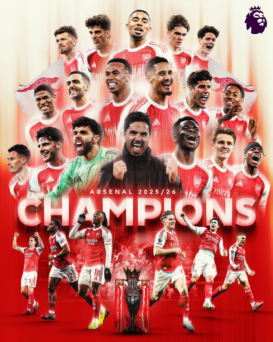 TimRuthJr's tweet photo. After 22 long years, the Gunners are back on top! What a season. What a squad. What a manager. 
From the Emirates to every away game, this team delivered when it mattered most. @Arsenal 
#Arsenal #PremierLeagueChampions #COYG #AFC #WeAreTheArsenal https://t.co/ZYoJgiRG4F