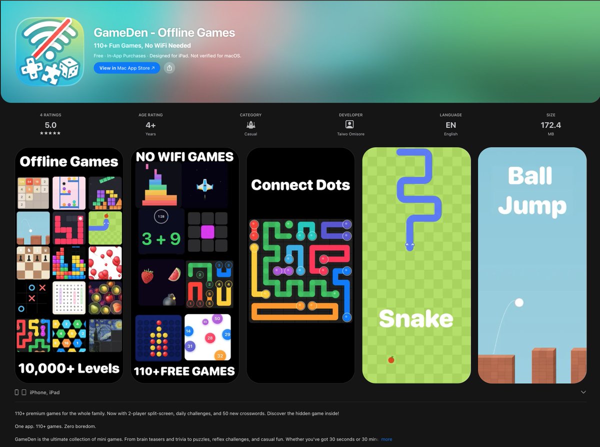 taiomi's tweet photo. Just shipped GameDen.

110+ small games in one iOS app. 

Card games, puzzles, arcade, board games, racing, daily challenges. Built because I wanted one home for all the little games I keep prototyping and building.

Out now on the App Store 👇

https://t.co/okMs46KPj4 https://t.co/xZtiylFvSA