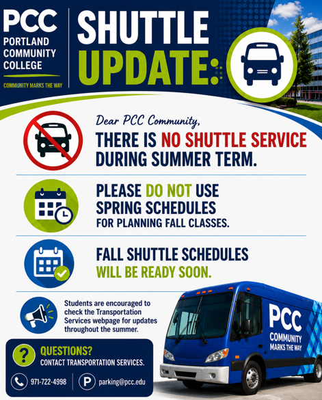 pccshuttle's tweet photo. 🚐 PCC Shuttle Update: There is no shuttle service during Summer Term. Please do not use Spring schedules when planning Fall classes. Fall shuttle schedules will be available soon. For updates: https://t.co/4Kfgizvyq4 #PCCShuttle #PCCUpdates https://t.co/hM1TwdqK55