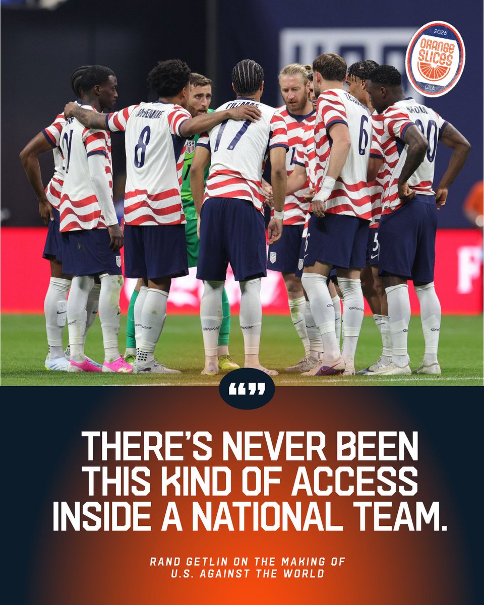 sliceofsoccer's tweet photo. Rand Getlin on what makes U.S. Against the World so unique: a behind-the-scenes look inside a national team unlike anything fans have seen before 🇺🇸🎥

Full episode with the creator/director of HBO’s docuseries out now 🍊 #USMNT https://t.co/DdY4Zi3RIG
