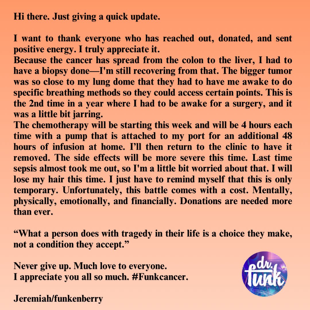 drfunkenberry's tweet photo. Update 5/19/26. Your help is needed.

"What a person does with tragedy in their life is a choice they make, not a condition they accept."

Much Love &amp; thank U.

#funkcancer https://t.co/cNjAJLNV1H