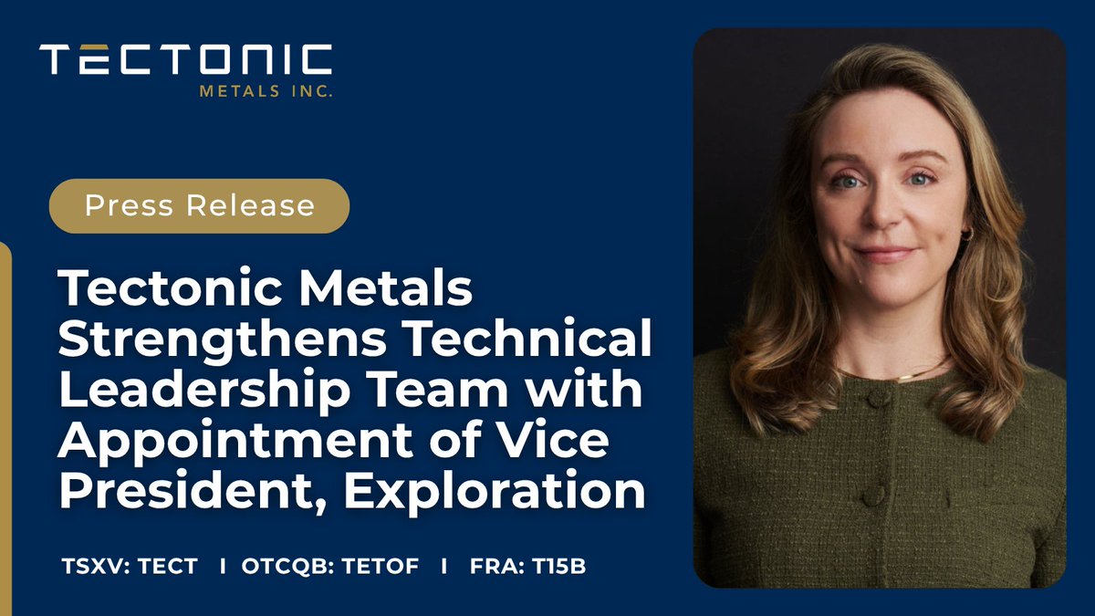TectonicMetals's tweet photo. 📣 News Release | Tectonic Metals strengthens technical leadership team with appointment of Vice President, Explorations Maggie Layman, P.Geo., alongside the transition of Mr. Peter Kleespies to Chief Geological Officer.

Prior to joining Tectonic, Maggie served as Manager, Exploration for Canada and USA at Teck Resources Limited, where she led greenfields and brownfields exploration programs across a diverse portfolio of projects. She previously held the role of Vice President, Exploration at Osisko Development Corp., where she led the Cariboo Gold Project from exploration through to feasibility, overseeing more than 700,000 metres of drilling while maintaining a strong safety record. 
 
Her contributions earned her the AME Spud Huestis Award (2022) and the Young Mining Professionals Eira Thomas Award (2021). She currently serves as a member of the AME Board of Directors.

➡️ Read the full release: https://t.co/fUrLJT7YIH