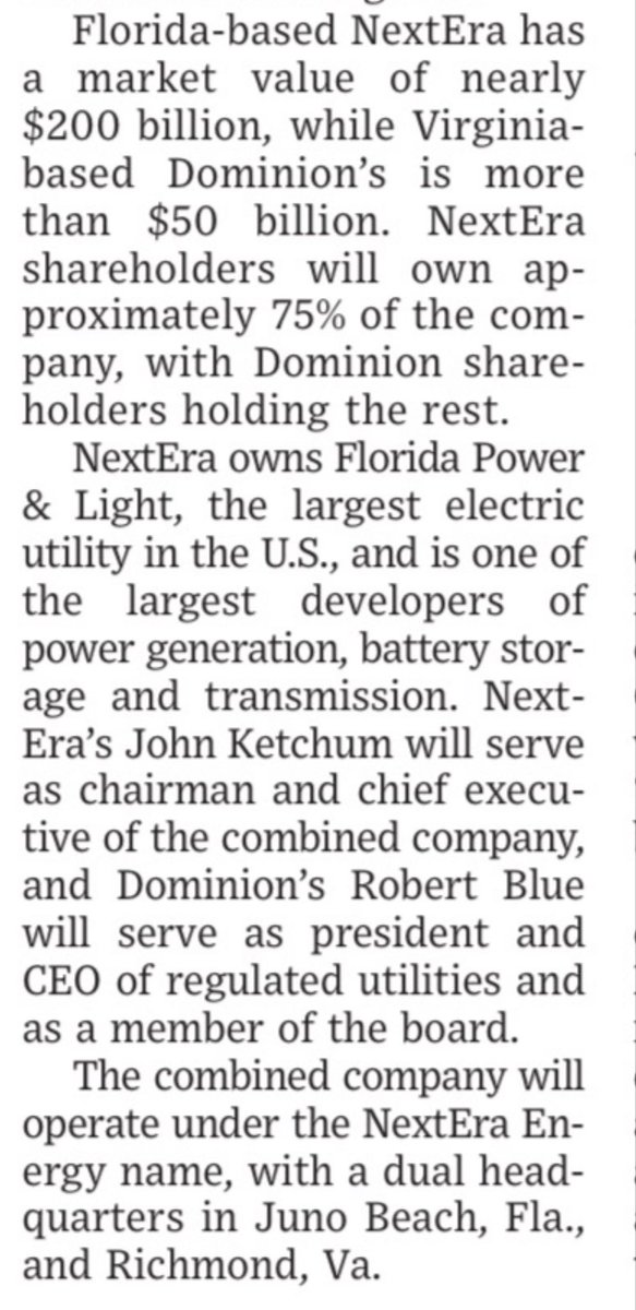 chdz8a's tweet photo. La eléctrica #1 de EUA, @nexteraenergy campeona en energía limpia y baterías, adquiere a la #6 @DominionEnergy cuyos ciclos combinados dominan el “callejón de los centros de datos” de Virginia.

La demanda eléctrica crece como nunca. Su pipeline prospectivo es de 130 GW.

En @WSJ https://t.co/uH80rVJBs8